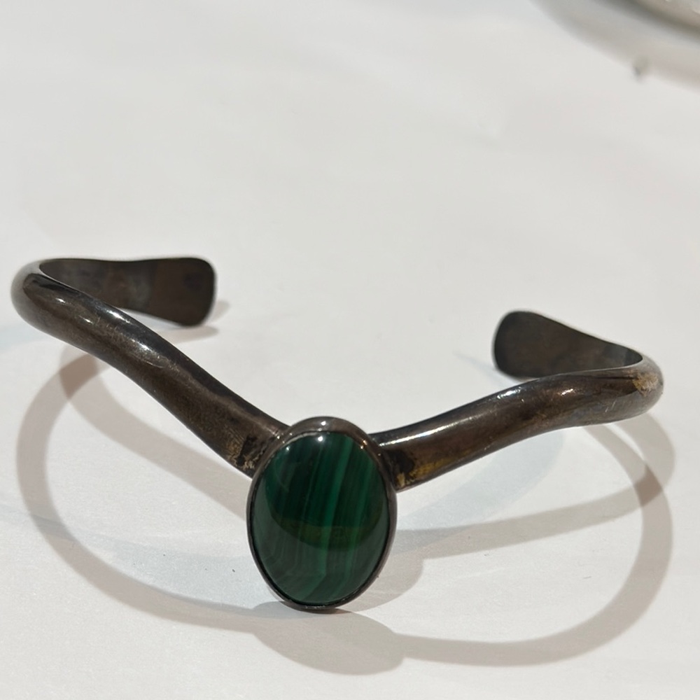 Vintage Silver Cuff Bracelet with Green Stone